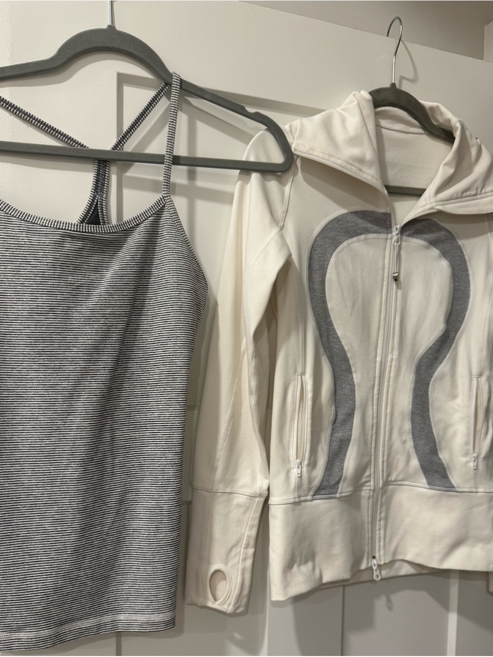 Lululemon Cream Varsity-Style Jacket and matching blue & white tank top